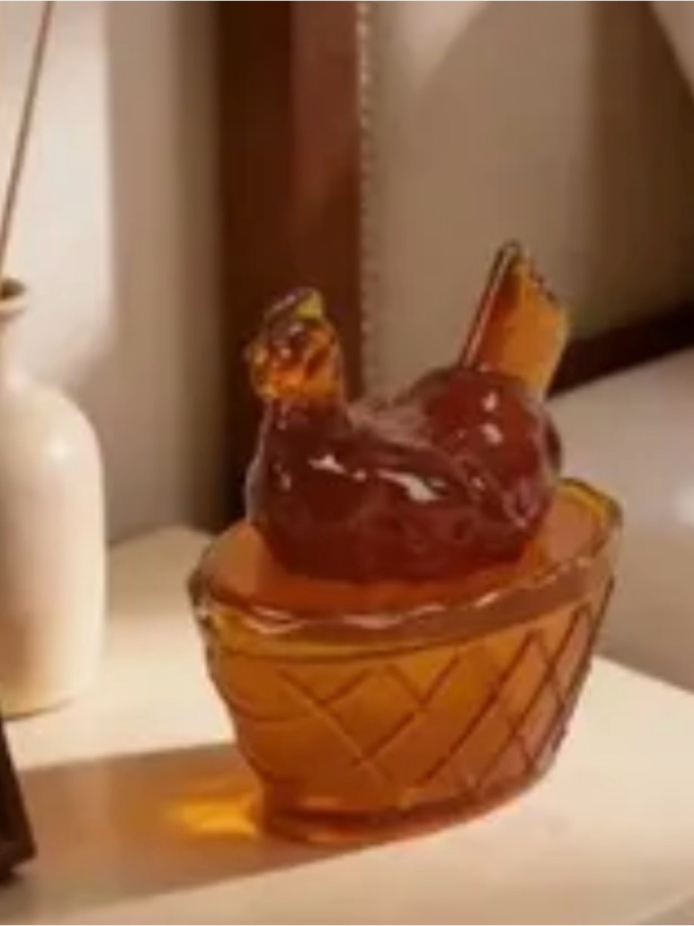 Amber Glass Hen on salt cellar